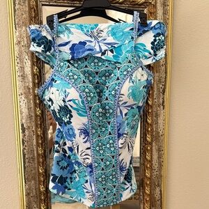 Designer Bleu Rod Beattie Floral Blue and White Women's Tankini Size 14